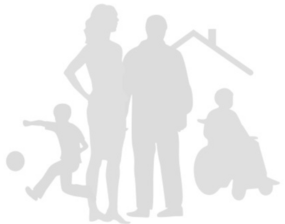 illustratie van grijze silhouetten van 2 ouders met voetballend kind en kind in rolstoel voor een huis