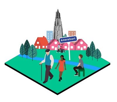 Illustratie van de stad Amersfoort en inwoners wandelen in park