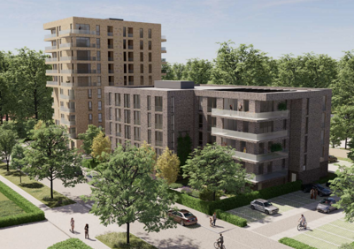Illustratie van hoe de flats eruit komen te zien met straat ervoor en groen eromheen